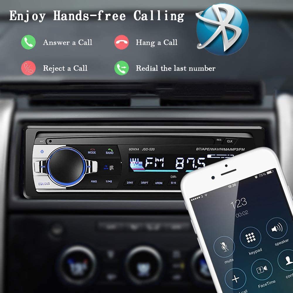 Autoradio avec Bluetooth, mains libres, USB / AUX / SD, Télécommande  incluse