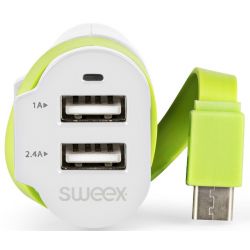 Car Charger 3-Outputs 6A 2xUSB / USB-Câ ¢ White / Green ND9242 Sweex