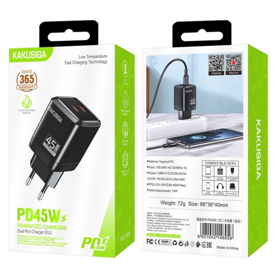 Caricatore USB-C PD 45W nero doppia porta EU ricarica rapida KSC-1604 F4605 Kakusiga