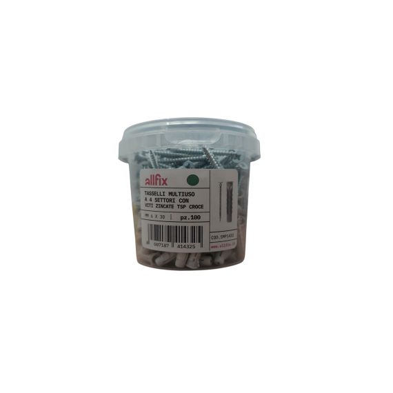 Tasselli multiuso F4V a 4 settori in nylon con vite TSP croce 6x30mm - 100 pezzi WB418 